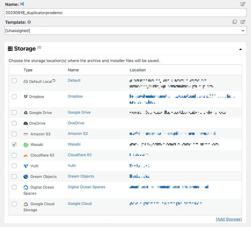 Duplicator backup storage locations